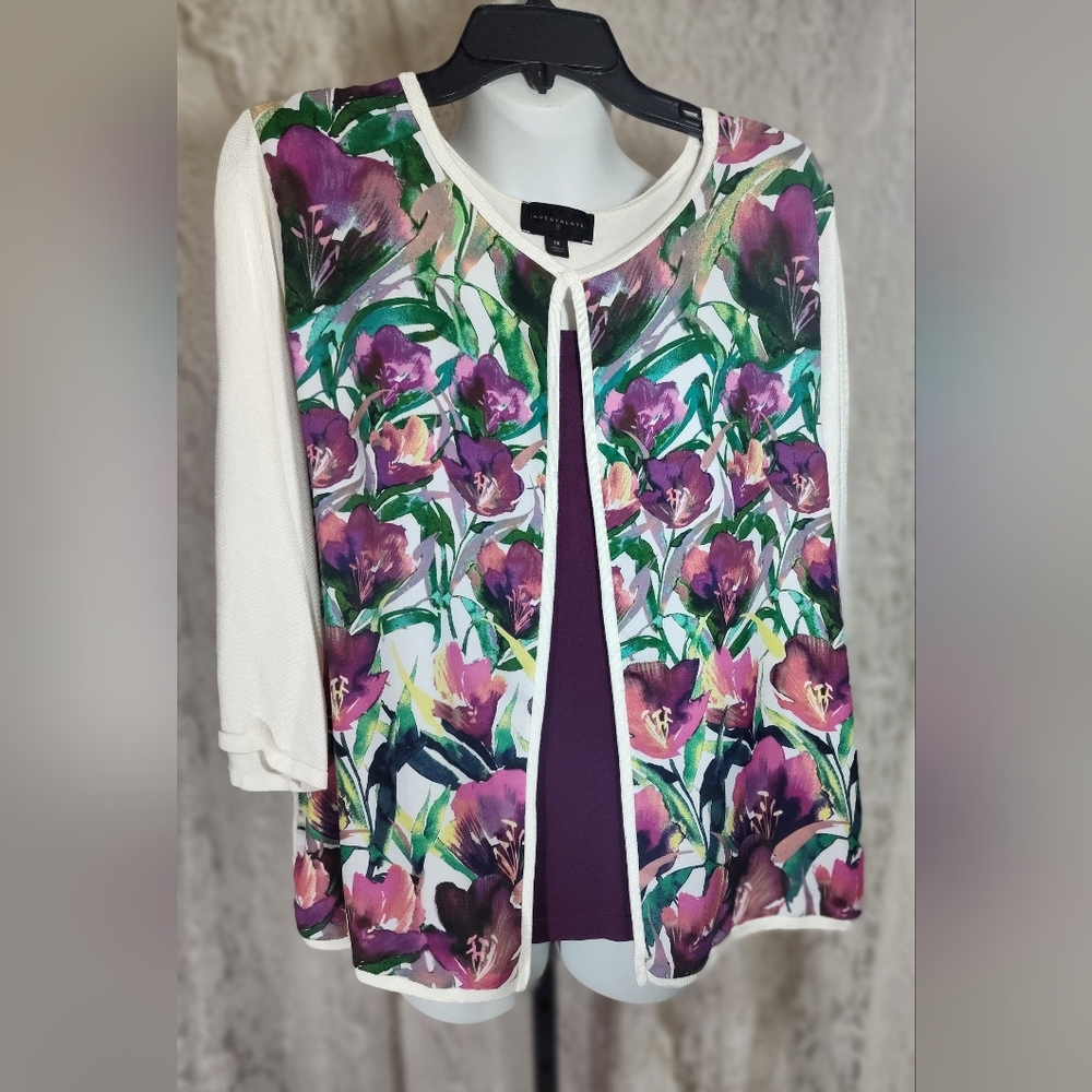 Investments White Cardigan with Purple and Green Accents NWOT